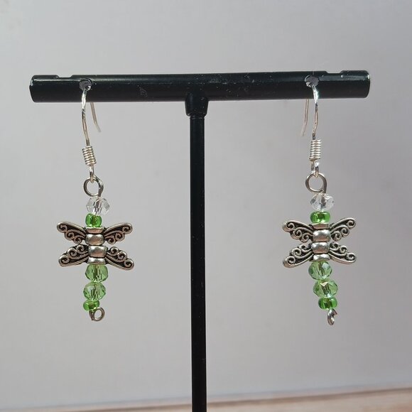 Handmade Green Beaded Dragonfly Dangle Earrings - Picture 6 of 7
